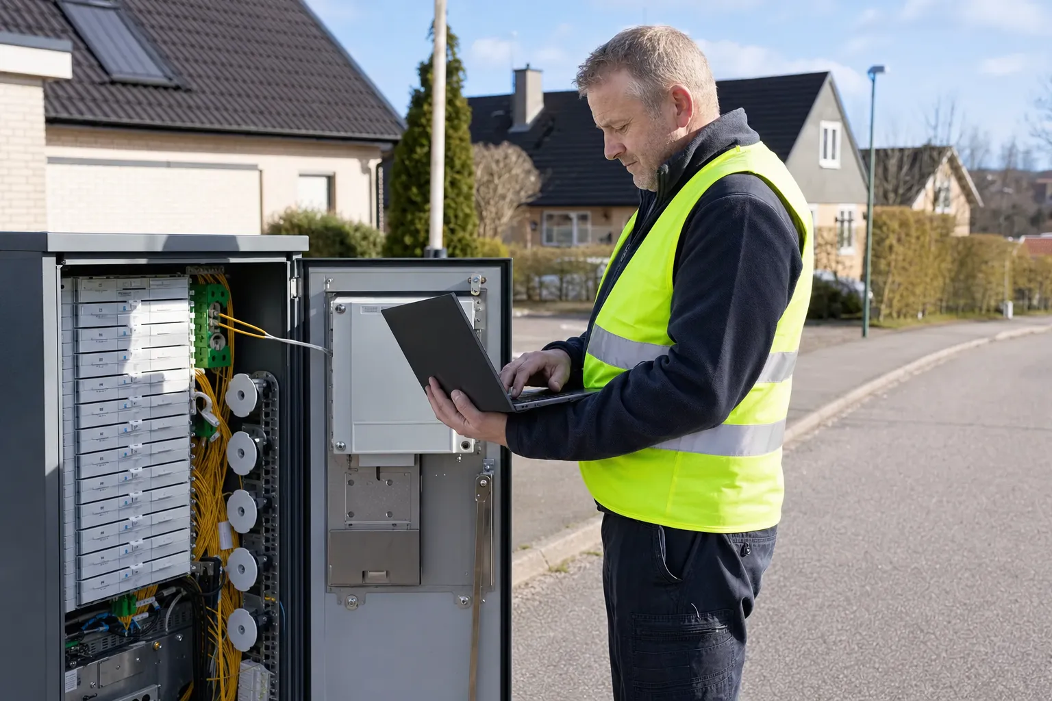 Tekniker arbetar i fibernod